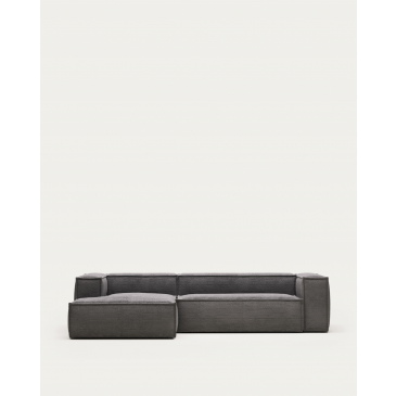 Kave Home 3-zitsbank Blok Ribstof Grijs Chaise Longue Links 300cm