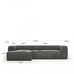 Kave Home 3-zitsbank Blok Ribstof Grijs Chaise Longue Links 300cm