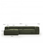 Kave Home 3-zitsbank Blok Chaise Longue Links Groen Ribstof 300cm