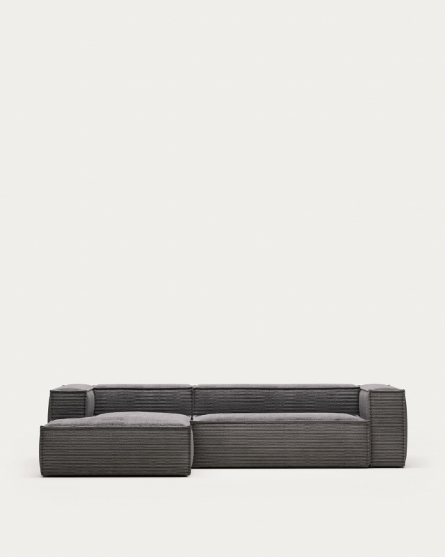 Kave Home 3-zitsbank Blok Ribstof Grijs Chaise Longue Links 300cm