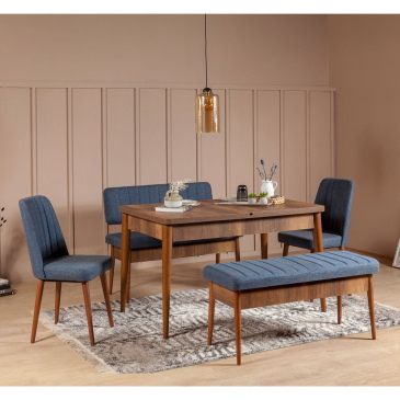 Eettafel (Uitschuifbaar) & Eetkamerstoelen Vina Set van 5 Melamine Walnoot Donkerblauw