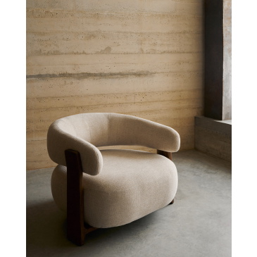 Kave Home Fauteuil Granite Beige/Bruin Chenille En Essenhout