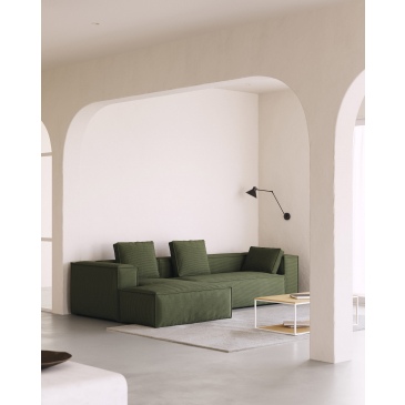 Kave Home 3-zitsbank Blok Chaise Longue Links Groen Ribstof 300cm