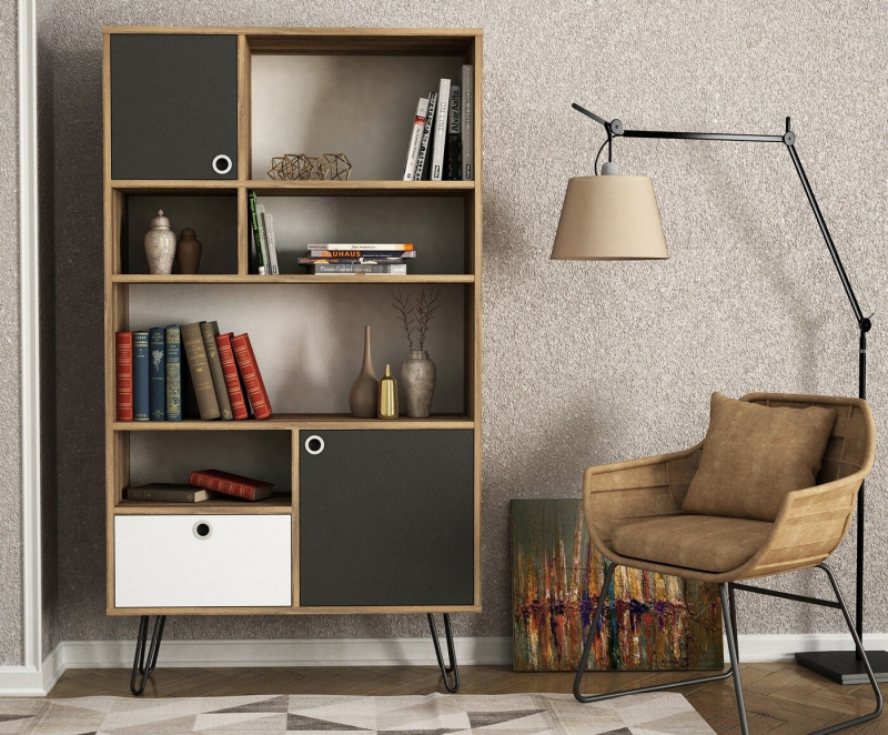 Boekenkast Karamel Melamine Walnoot Antraciet Wit