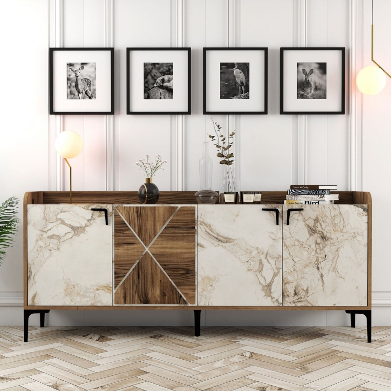 Dressoir Venedik Melamine Walnoot Wit Marmer