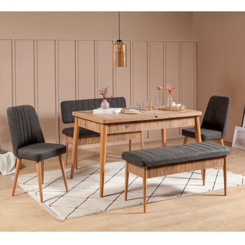 Eettafel (Uitschuifbaar) & Eetkamerstoelen Vina Set van 5 Melamine Atlantic Pine Antraciet