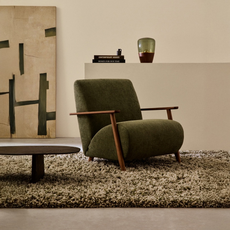 Kave Home Fauteuil Meghan Groen Chenille Essenhout