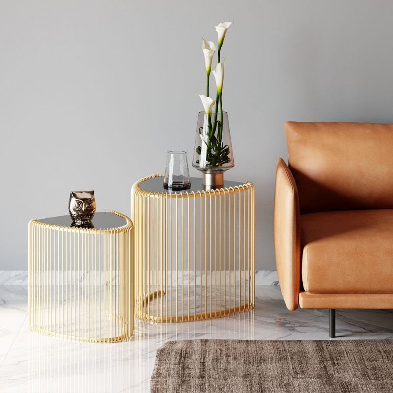 Kare Design Bijzettafel Wire Triangle Goud Set van 2